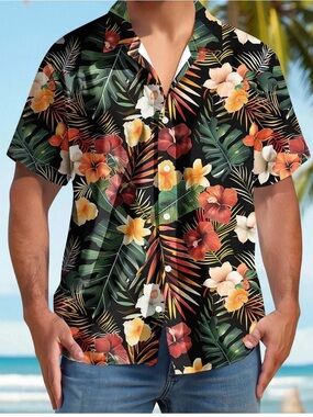 Van Heusen Men’s  Black Tropical Floral Short-Sleeve Size XL